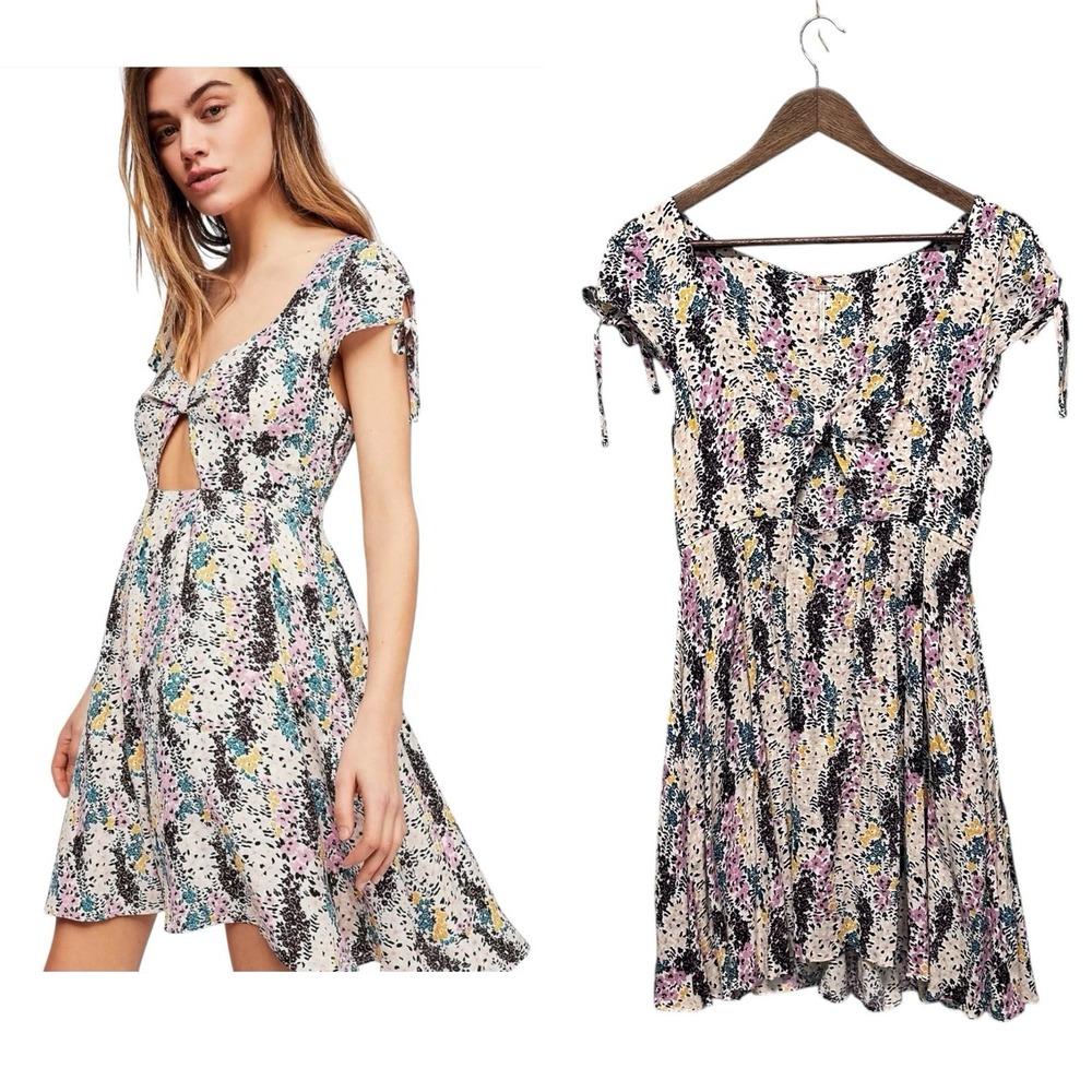 Free People Womens Miss Right Tie Sleeves Mini Sheath Dress Size S P Pink Floral